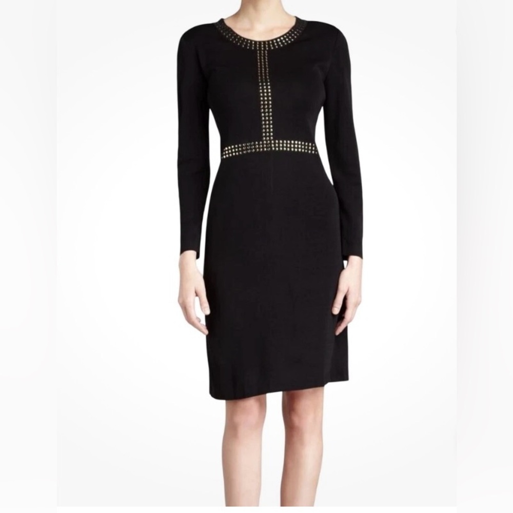 Misook Black Long Sleeve Knit Career Cocktail Dress with Gold Accents Size Small